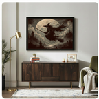 Black framed vintage gothic witch broomstick full moon and castle spires sepia oil painting wall art above dark wood sideboard in eclectic living room