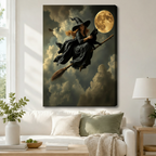 Gallery wrap canvas featuring a gothic witch soaring on a broomstick holding a black cat beneath a glowing full moon in moody oil painting style, hung above a white linen sofa in a cozy neutral living room
