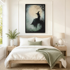 Black framed gothic witch silhouette full moon atmospheric forest oil painting wall art centered above bed as dramatic statement decor in Scandinavian bedroom