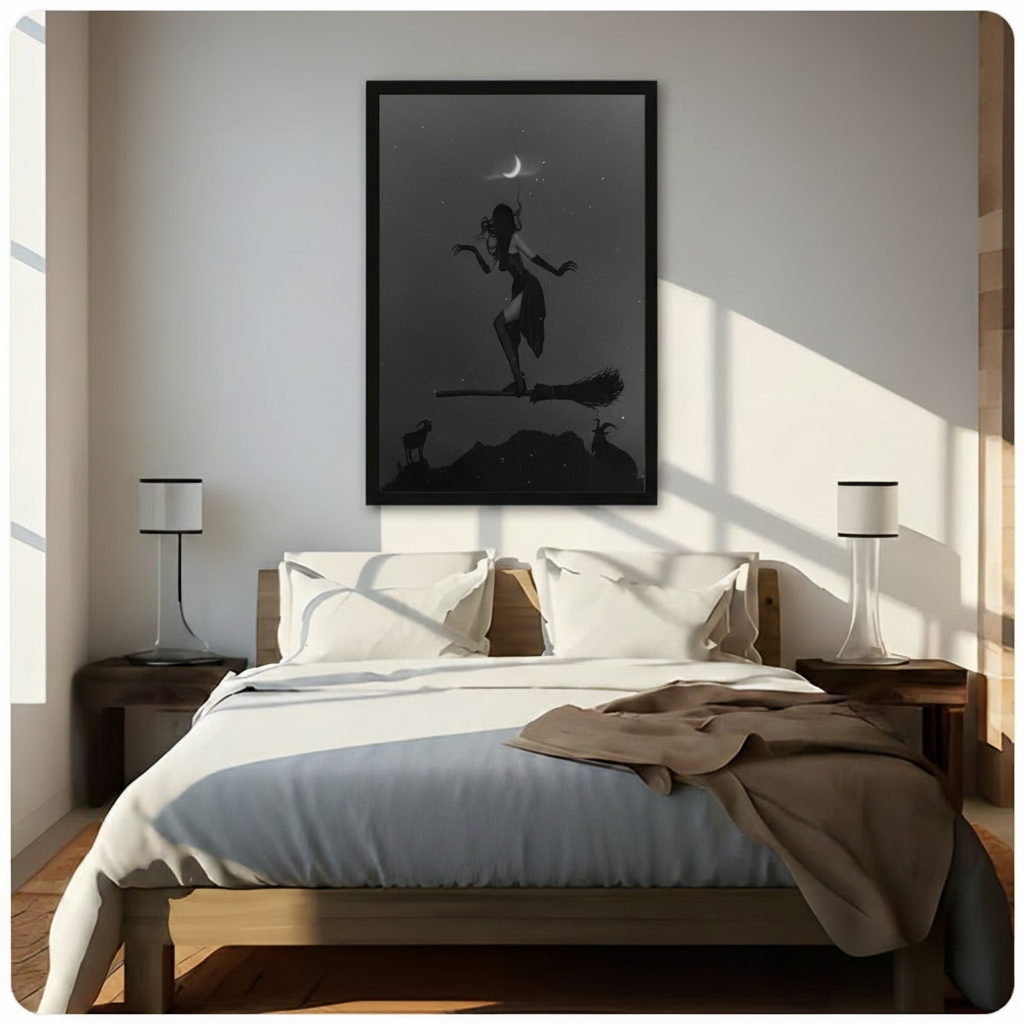 Black framed gothic witch and crescent moon wall art hung above bed in sunlit neutral bedroom, dark fantasy print as statement bedroom decor