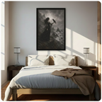 Framed gothic witch and raven canvas above bed in sunlit bedroom — dark fantasy wall art print, moody figure painting for bedroom decor
