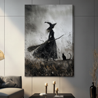 Stretched canvas gothic witch painting on dark tile wall — frameless gallery wrap wall art with visible canvas depth