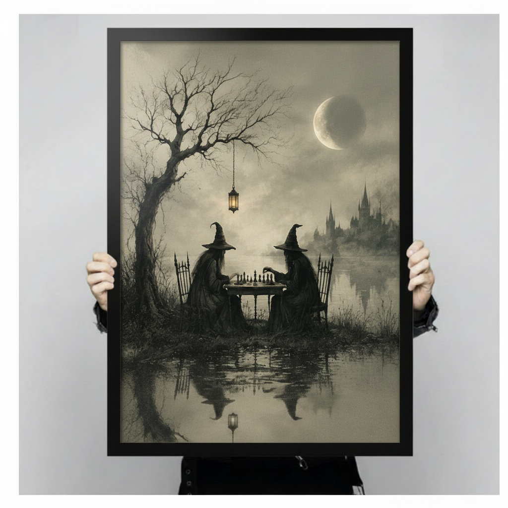Person in black outfit holding gothic witches playing chess moonlit lake dark fantasy black framed wall art print showing actual size scale