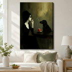 Gallery wrap canvas art featuring a moody dark oil painting of a gothic pale woman and a black dog sitting across from each other at a candlelit table with a red espresso cup, hung above a white sofa in a warm modern living room