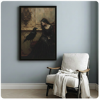 Black framed gothic oil painting dark-haired woman in black lace dress contemplating black raven on ornate gold mantelpiece canvas art on moody sepia background on a soft blue-gray wall beside a white linen wood-frame armchair with a cream fringed throw blanket