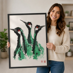 Smiling woman holding large black framed print of three green cranes with red eyes in Chinese brush ink style, unique Asian-inspired wall art gift