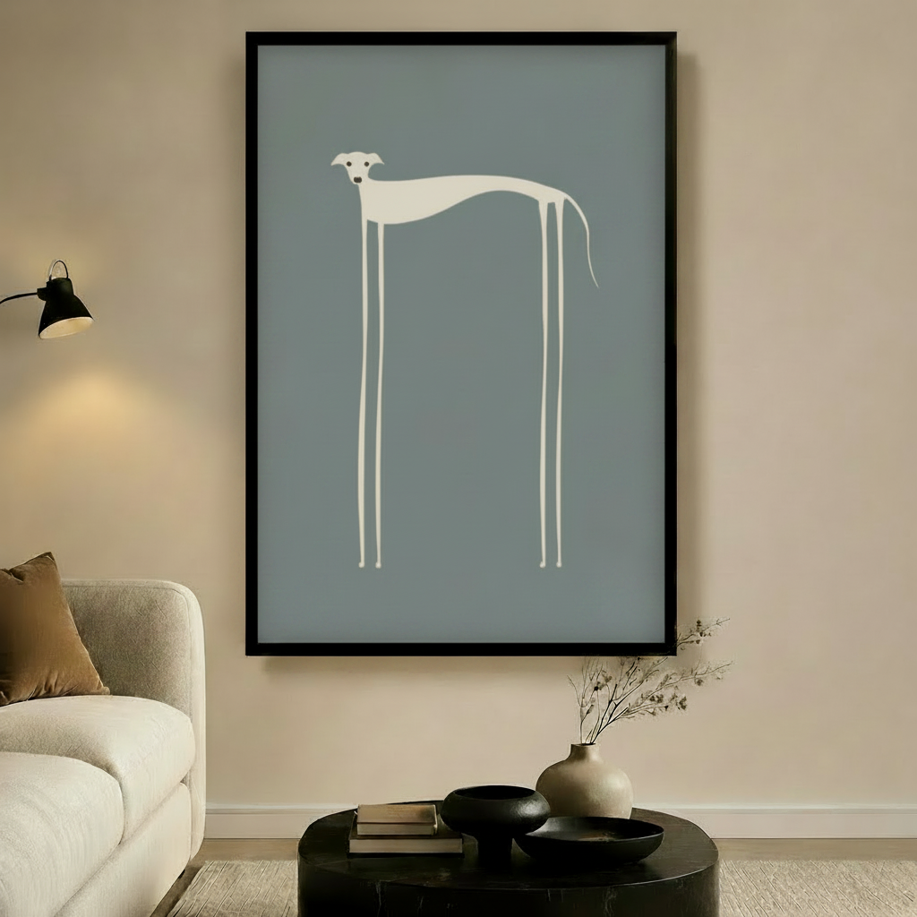 Grey-Blue Greyhound in Living Room Frame