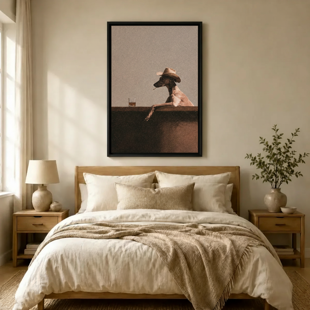 Framed funny animal wall art canvas of a greyhound wearing a cowboy hat at a bar, hung above a neutral linen bed in a serene Japandi-style bedroom
