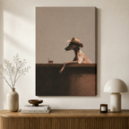 Gallery-wrapped canvas print of a cool greyhound in a cowboy hat leaning on a bar counter, styled above a wooden sideboard with neutral minimalist home decor