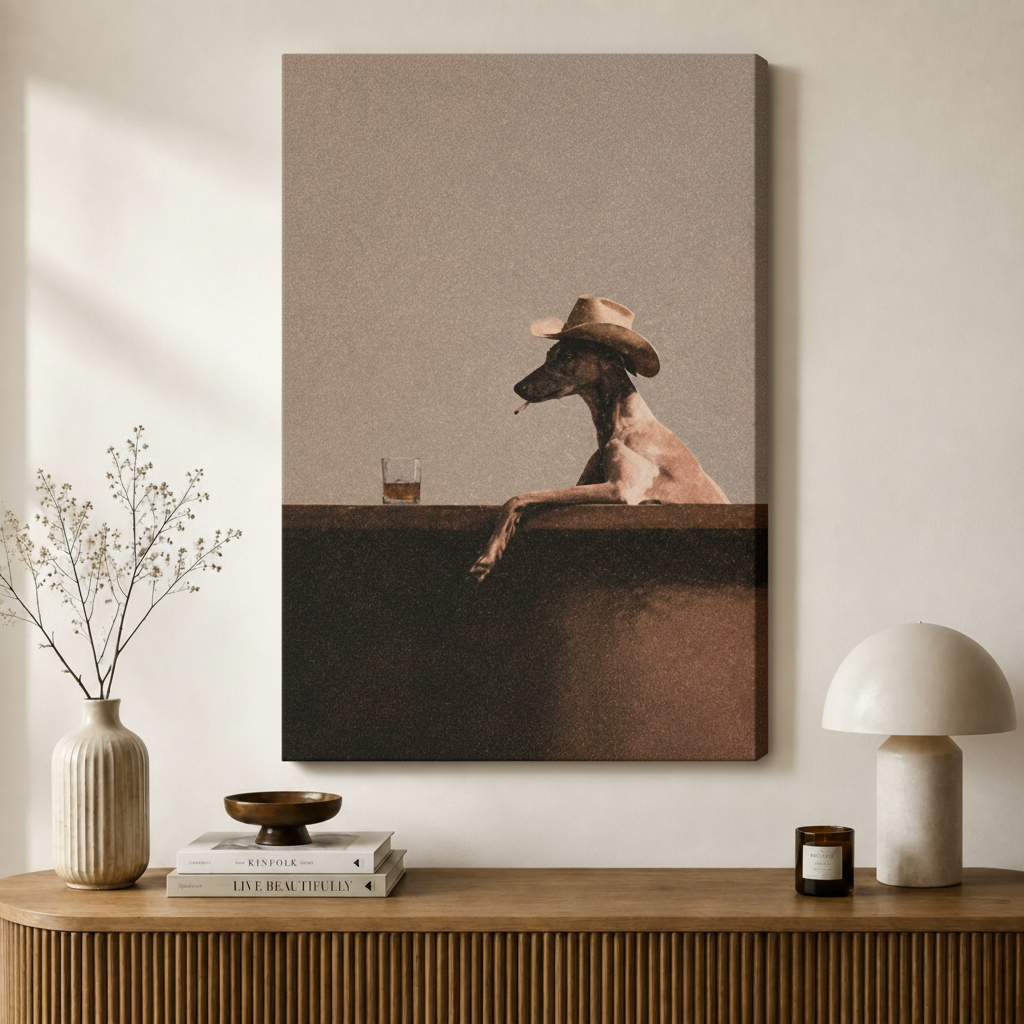 Gallery-wrapped canvas print of a cool greyhound in a cowboy hat leaning on a bar counter, styled above a wooden sideboard with neutral minimalist home decor