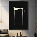 Minimalist greyhound long-leg wall art print in black frame on dark tile wall with candlestick decor