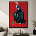 Black framed pop art canvas wall art of a grim reaper skeleton in a blue hooded robe smoking a cigarette with a coffee cup on a bold red background, displayed above a dark marble coffee table in a contemporary living room