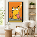 Gallery wrap canvas of a deadpan yellow cartoon cat holding a steaming pink coffee cup in bold hand-drawn style, hung above a white linen sofa adding playful pop-art energy to a neutral living room