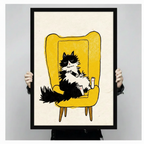 Grumpy cat framed canvas art hand-held product shot on neutral grey background