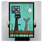 Grumpy cat mouse smoking framed canvas held up by hands — gallery quality humorous cat art print