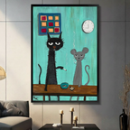 Grumpy black cat and mouse smoking canvas wall art in dark gray tile living room with sofa — funny cat home decor