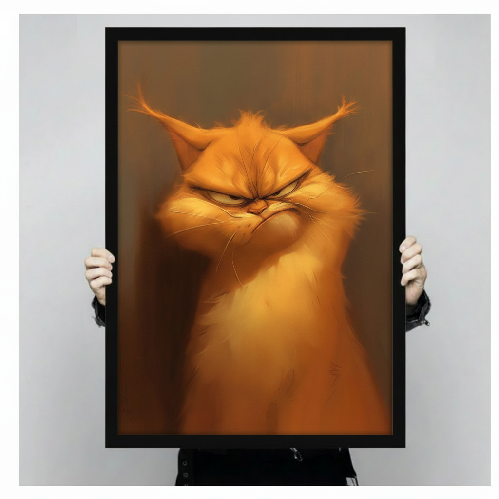 Hands in black sleeves holding a large black framed grumpy orange cat oil painting canvas art print against a neutral gray background, front-facing product size display
