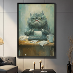 Grumpy grey Persian cat sitting at messy office desk canvas wall art in black frame on light grey panel wall – funny angry cat with keyboard and coffee mug oil painting for living room