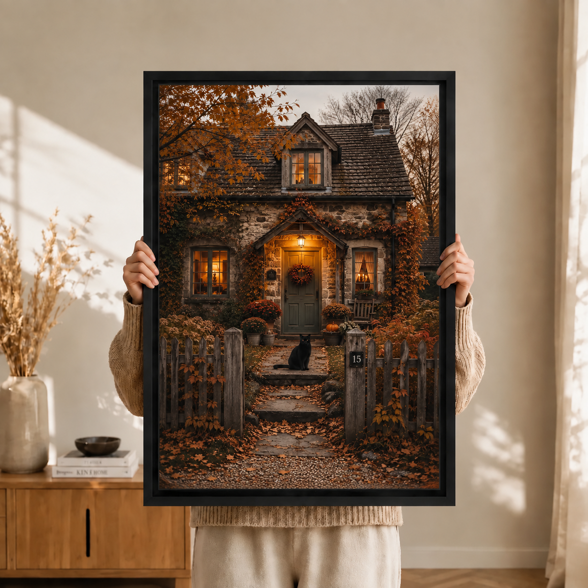 Person holding a black-framed canvas art print of a moody autumn stone cottage with glowing windows, a Halloween wreath, fall pumpkins, and a black cat by the garden gate, warm bohemian interior background