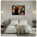 Halloween black cat and ghost wall art in black frame hung above bed in a minimalist neutral bedroom