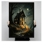 Close-up hand-held product shot of a framed dark gothic wall art print depicting a haunted stone house at night with amber-lit windows, a full moon, dead trees, and a black cat on a misty stone path