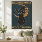 Gallery wrap canvas of Hello Darkness My Old Friend gothic black cat in witch hat with gold crescent moon hanging above white sofa with sage throw pillows in modern living room