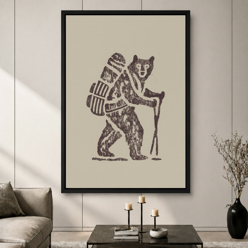 Black framed canvas wall art featuring a vintage linocut-style hiking bear with backpack and walking stick, displayed in a minimalist living room above a dark coffee table