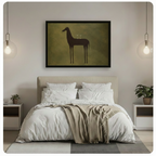 Minimalist framed horse silhouette canvas print with martini glasses displayed above bed in serene neutral bedroom with pendant lighting