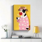 Grumpy Cow in Daisy Pajamas with Coffee Wall Art - Funny Canvas Print|W1388