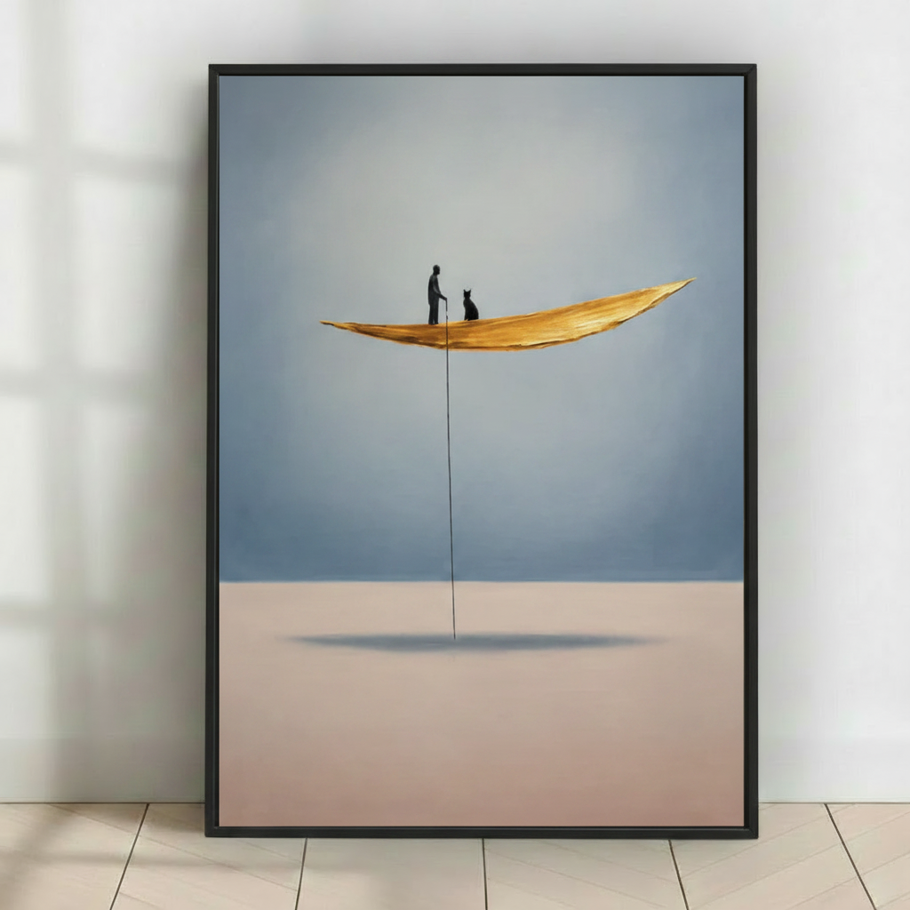 Man & Cat Golden Leaf Surrealist Canvas Art