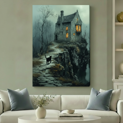Gothic Castle Black Cat Canvas Wall Art