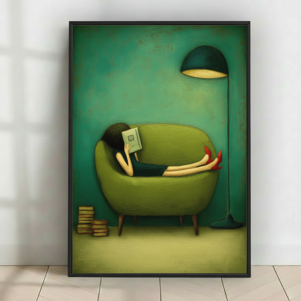 Cozy Reader Girl Green Sofa Whimsical Canvas Art-t1014