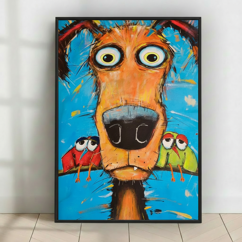 Crazy Dog & Birds – Colorful Street Art Canvas Print-t1009