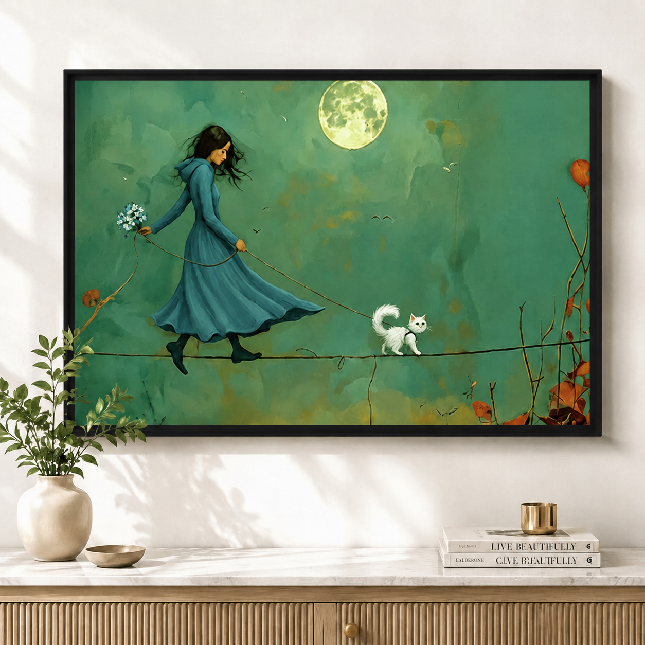 Moonlit Walk Canvas Art – Whimsical Moon & Cat