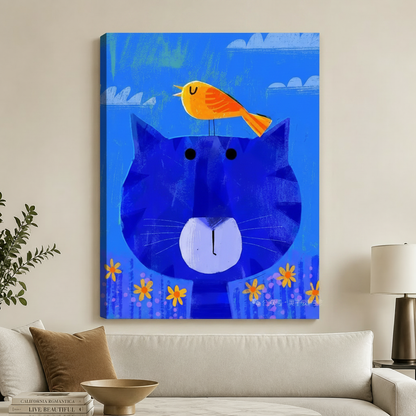 Blue Cat & Bird Framed Canvas Wall Art