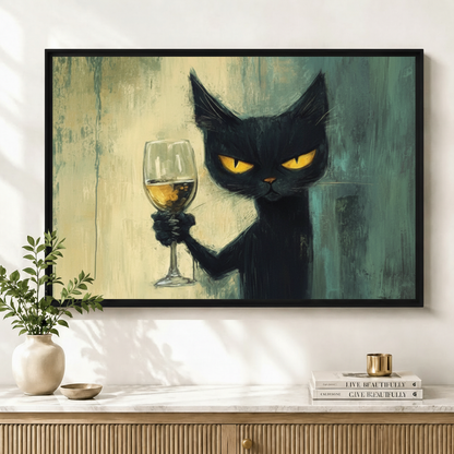 Cheers Black Cat – Vintage Cat Wall Art on Natural Wood Canvas