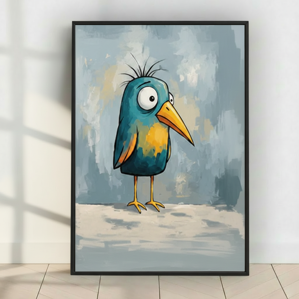 Quirky Teal Bird Whimsical Canvas Wall Art
