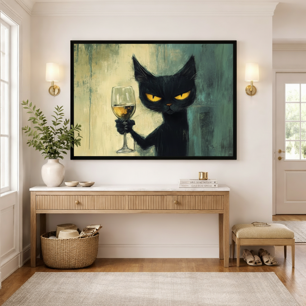 Cheers Black Cat – Vintage Cat Wall Art on Natural Wood Canvas