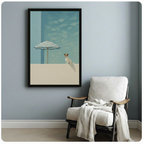 Framed Jack Russell terrier coastal art print on pale blue-grey wall beside linen armchair, calm summer dog illustration for living room or bedroom
