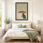 Framed Japanese woodblock cat and umbrella rain print hung above a minimalist Scandinavian bed with sage green accents, ideal for bedroom wall art decor