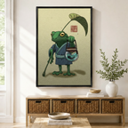 Whimsical Japanese-style frog traveler in kimono framed canvas wall art displayed above wicker console in bright entryway