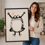 Woman smiling and holding a large black-framed Japanese sumi-e frog art print, showcasing print size and quality in a home setting