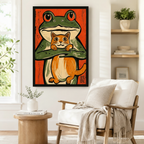 Framed wall art print of a bold green frog cradling an orange tabby cat on a red woodgrain background in Japanese print style, styled beside a linen armchair and round side table