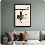 Black framed whimsical cat branch wall art above sofa – "Just Smile" funny four-cat illustration – minimalist cute pet poster for living room decor