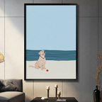 Minimalist yellow labrador on beach framed canvas wall art hanging in modern living room above candle holders