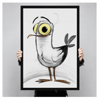 Large hand-drawn quirky bird art print with black frame held up for size reference, bold sketch style wall art