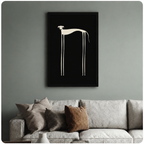 Black framed long-leg dog minimalist art print above neutral sofa on sage green wall