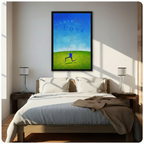 	Love kite inspirational framed poster hanging above bed in bright sunlit minimalist bedroom interior