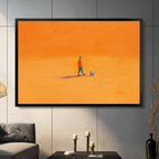 Minimalist man walking dog canvas wall art in black frame displayed in modern dark living room – orange painting home decor