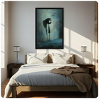 Framed melancholy drooping stick figure dark teal wall art hung above a wooden bed with white bedding in a bright sunlit minimalist bedroom
